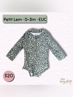 Petit Lem Green Floral Long-Sleeve Baby Swimsuit (Size 0-3m)